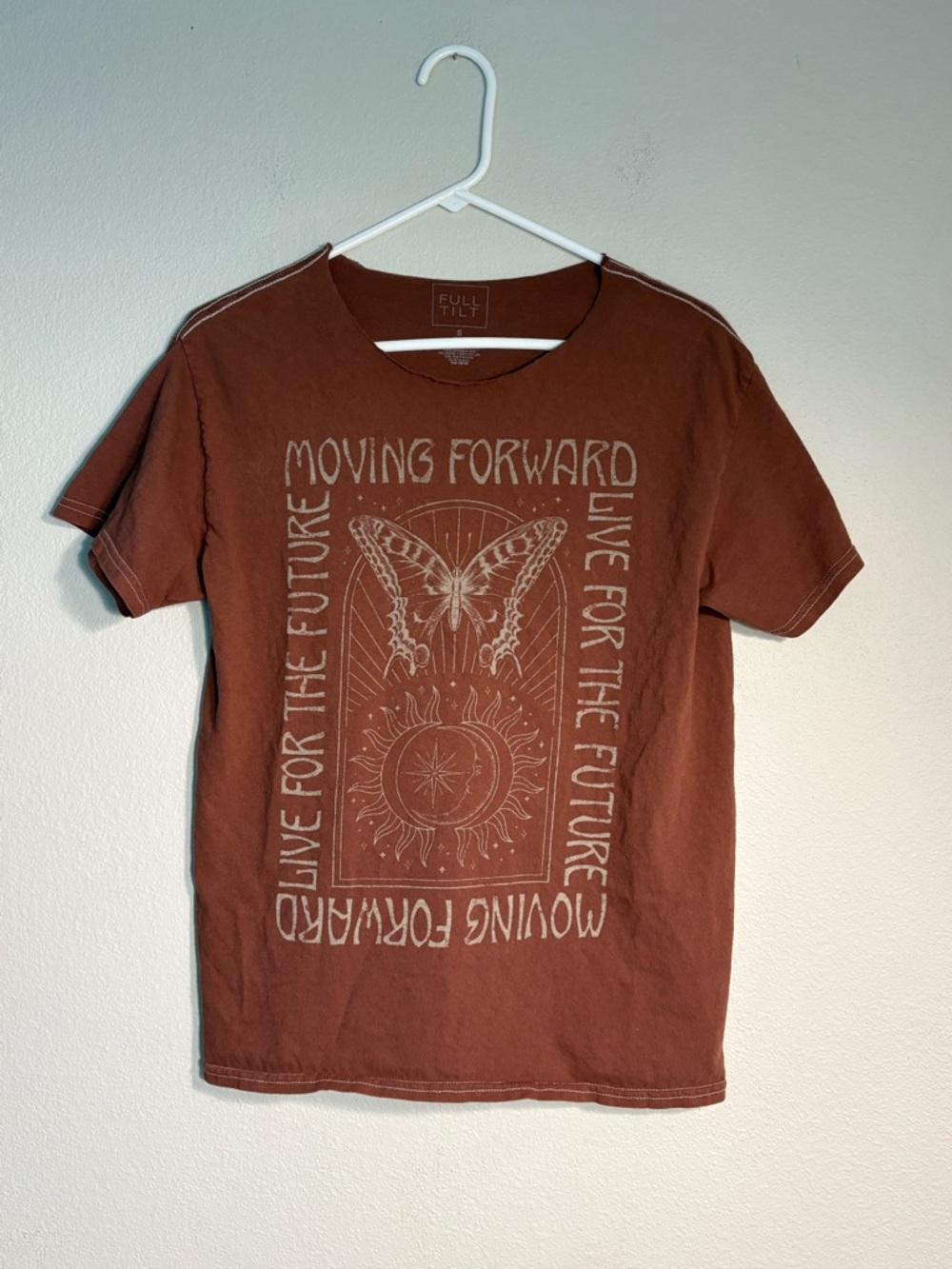 FULL TILT Moving Forward Celestial Graphic Tee Brown Rust Boho Butterfly S